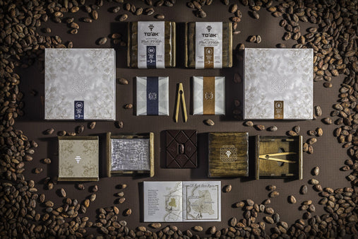 A presentation of To’ak chocolates, handcrafted wood boxes, tasting utensils, and their Art Series Guayasamín, the most expensive chocolate in the world.